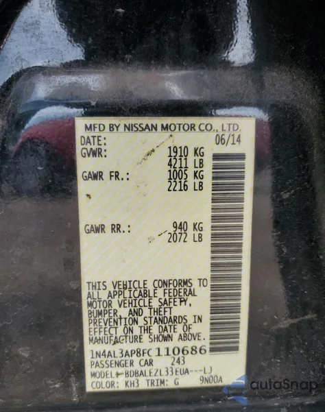 2015 Nissan Altima 2.5 from USA, damaged, VIN 1N4AL3AP8FC110686